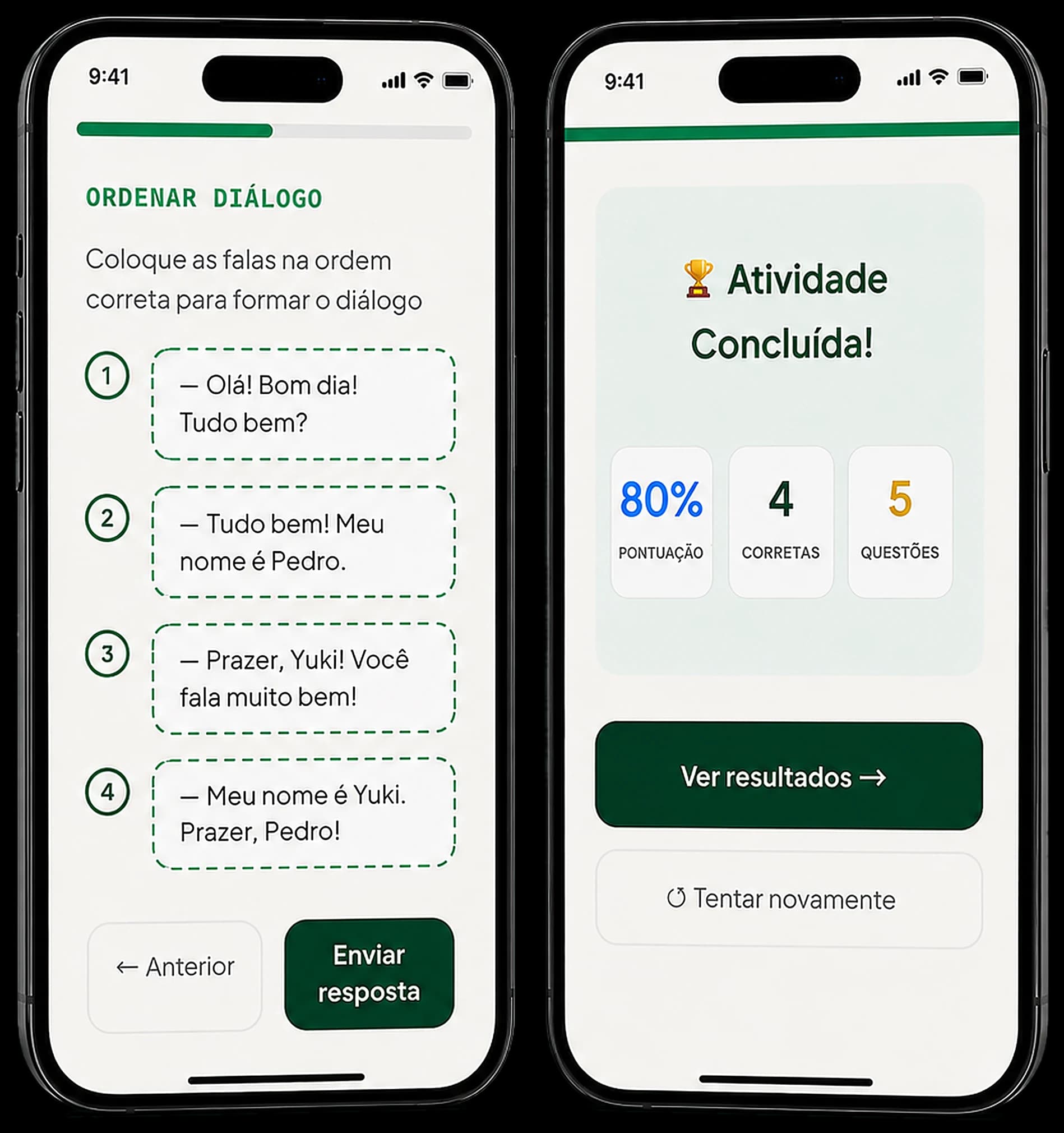 Interface da Practice-BR — exercício de ordenar diálogo e tela de resultado